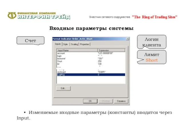 Входные параметры системы Изменяемые входные параметры (константы) вводятся через Input. Счет Логин клиента Лимит Short