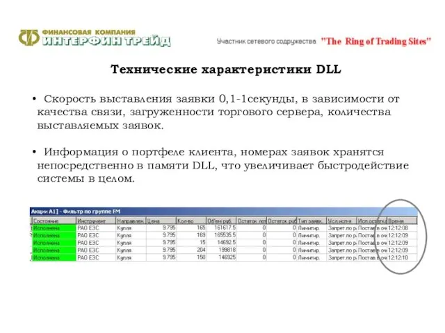 Технические характеристики DLL Скорость выставления заявки 0,1-1секунды, в зависимости от качества связи,