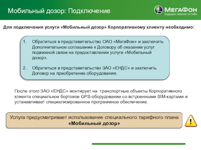 Мобильный дозор: Подключение Для подключения услуги «Мобильный дозор» Корпоративному клиенту необходимо: Обратиться