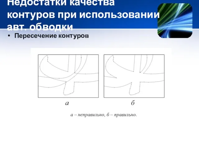 Недостатки качества контуров при использовании авт. обводки Пересечение контуров а – неправильно, б – правильно.