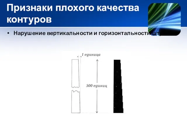 Признаки плохого качества контуров Нарушение вертикальности и горизонтальности штрихов