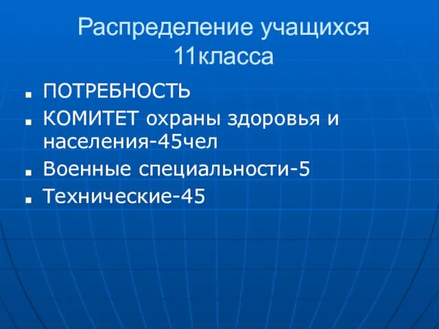 Распределение учащихся 11класса ПОТРЕБНОСТЬ КОМИТЕТ охраны здоровья и населения-45чел Военные специальности-5 Технические-45