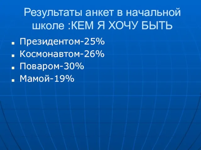Результаты анкет в начальной школе :КЕМ Я ХОЧУ БЫТЬ Президентом-25% Космонавтом-26% Поваром-30% Мамой-19%