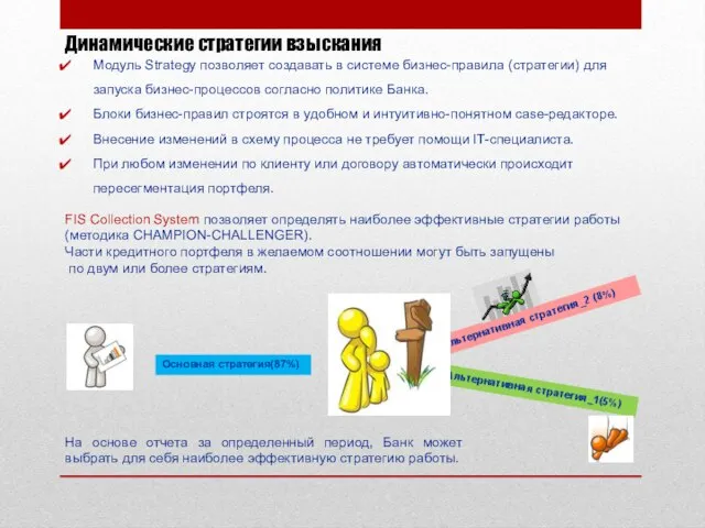 Динамические стратегии взыскания Модуль Strategy позволяет создавать в системе бизнес-правила (стратегии) для