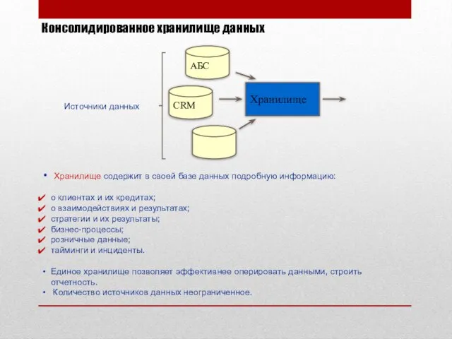 Консолидированное хранилище данных Хранилище содержит в своей базе данных подробную информацию: о