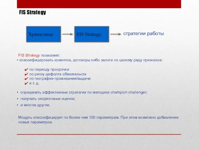 FIS Strategy FIS Strategy позволяет: классифицировать клиентов, договоры либо залоги по целому