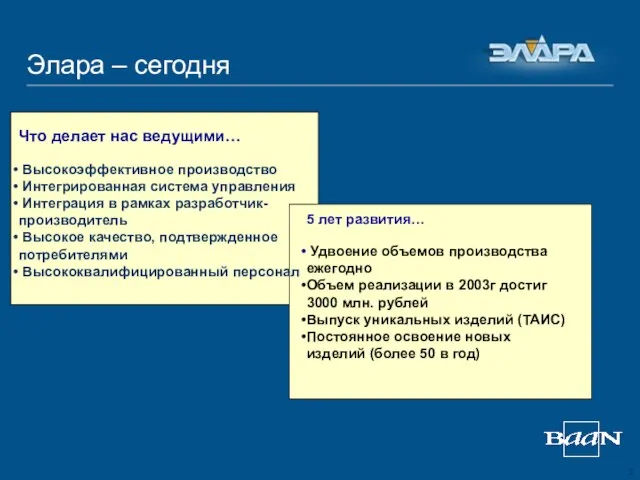 Элара – сегодня Что делает нас ведущими… Высокоэффективное производство Интегрированная система управления