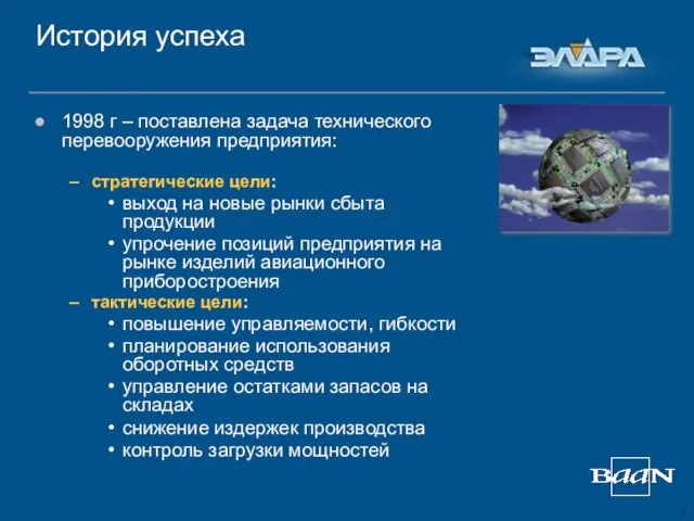 История успеха 1998 г – поставлена задача технического перевооружения предприятия: стратегические цели: