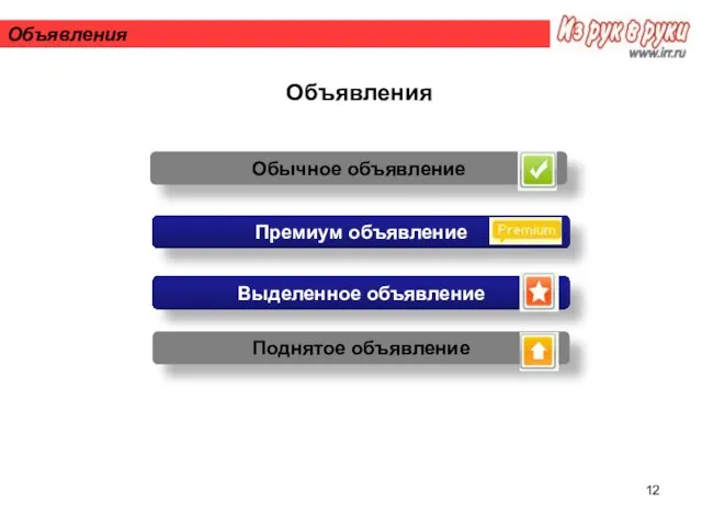 Объявления Объявления Премиум объявление Обычное объявление Выделенное объявление Поднятое объявление