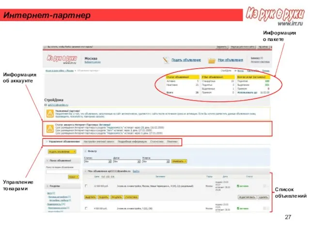 Интернет-партнер Управление товарами Информация об аккаунте Информация о пакете Список объявлений