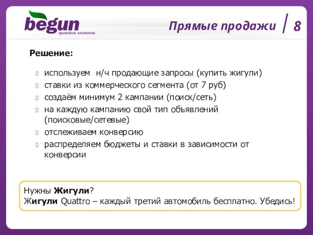 Прямые продажи 8 Решение: используем н/ч продающие запросы (купить жигули) ставки из