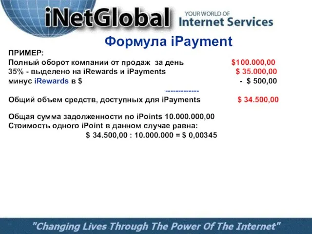 Формула iPayment ПРИМЕР: Полный оборот компании от продаж за день $100.000,00 35%