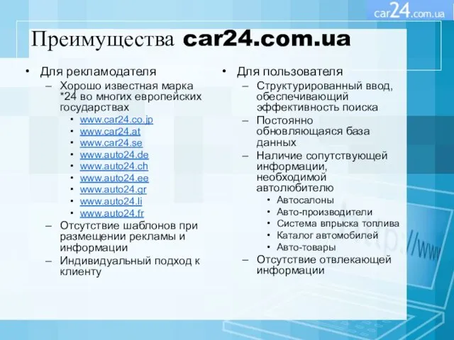 Преимущества car24.com.ua Для рекламодателя Хорошо известная марка *24 во многих европейских государствах