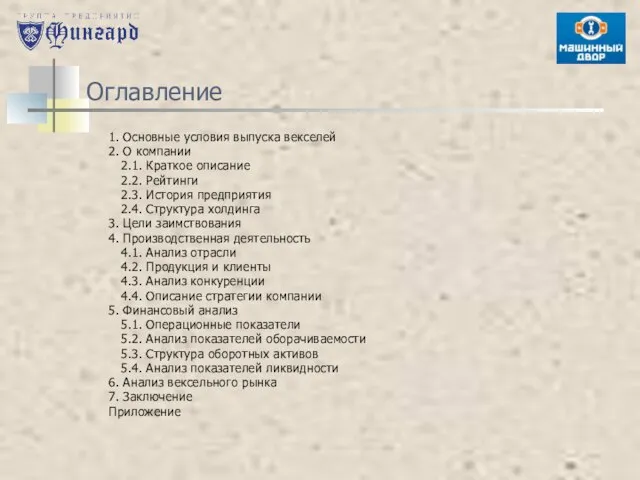 Оглавление 1. Основные условия выпуска векселей 2. О компании 2.1. Краткое описание