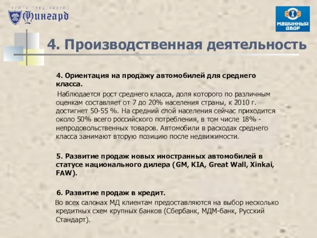 4. Производственная деятельность 4. Ориентация на продажу автомобилей для среднего класса. Наблюдается