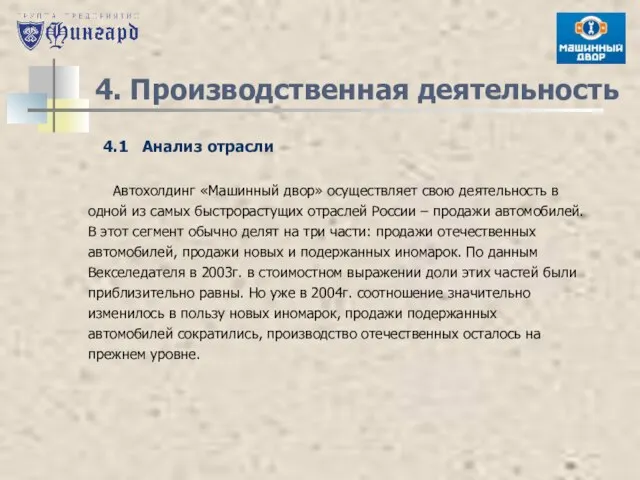 4. Производственная деятельность Автохолдинг «Машинный двор» осуществляет свою деятельность в одной из