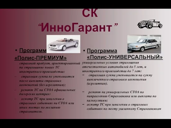 Программа «Полис-ПРЕМИУМ» страховой продукт, ориентированный на страхование новых ТС иностранного производства: страховая