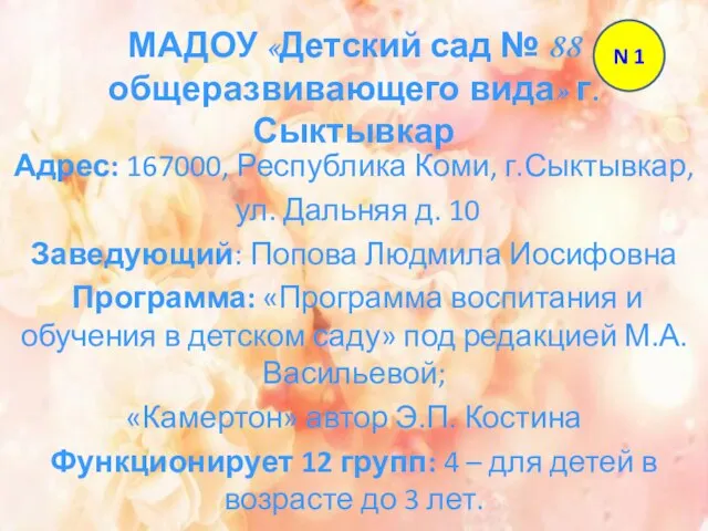 МАДОУ «Детский сад № 88 общеразвивающего вида» г. Сыктывкар Адрес: 167000, Республика