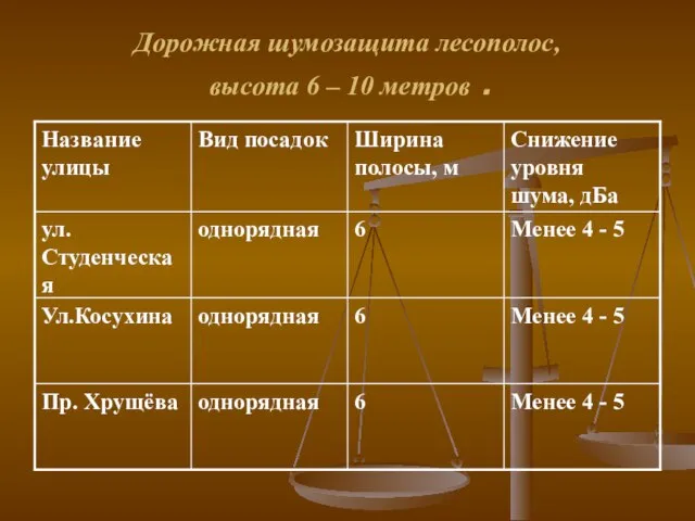 Дорожная шумозащита лесополос, высота 6 – 10 метров .