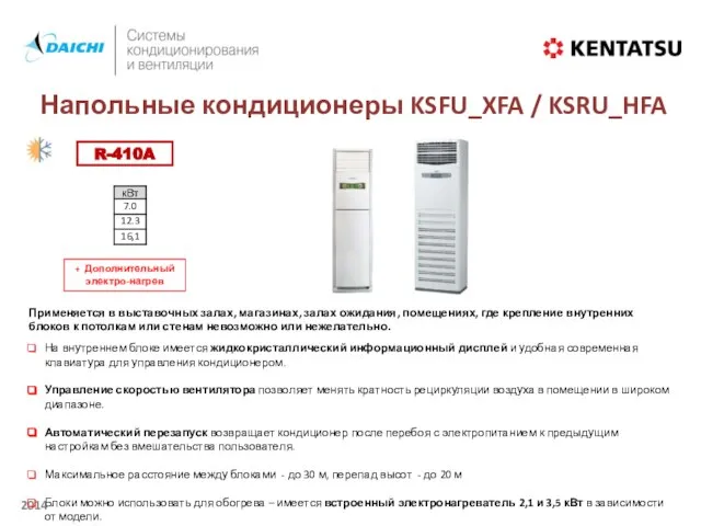 Напольные кондиционеры KSFU_XFA / KSRU_HFA R-410A На внутреннем блоке имеется жидкокристаллический информационный