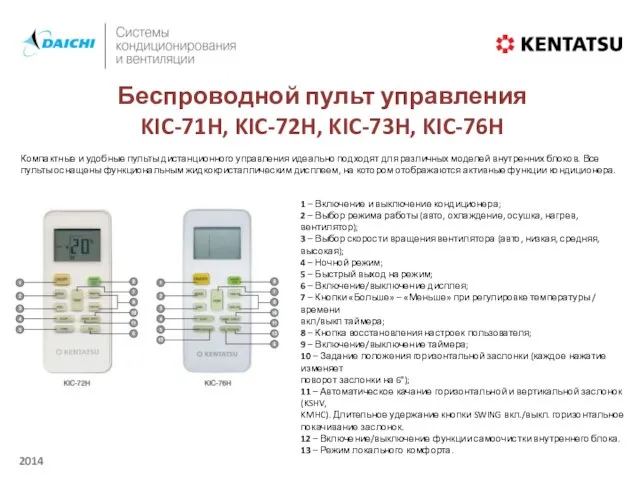 Беспроводной пульт управления KIC-71H, KIC-72H, KIC-73H, KIC-76H Компактные и удобные пульты дистанционного