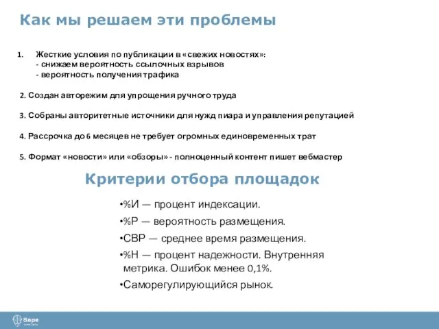 Как мы решаем эти проблемы Жесткие условия по публикации в «свежих новостях»: