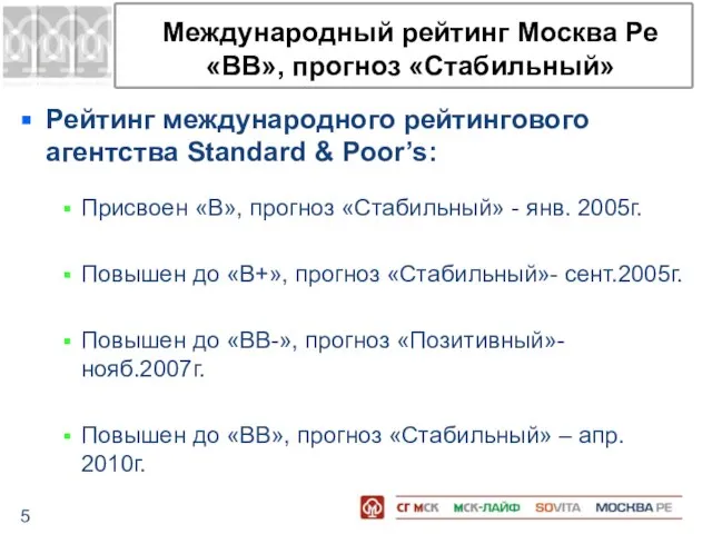 Международный рейтинг Москва Ре «ВВ», прогноз «Стабильный» Рейтинг международного рейтингового агентства Standard