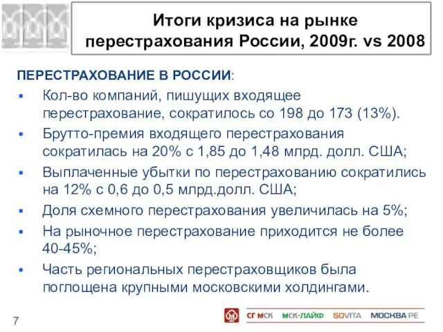 Итоги кризиса на рынке перестрахования России, 2009г. vs 2008 ПЕРЕСТРАХОВАНИЕ В РОССИИ: