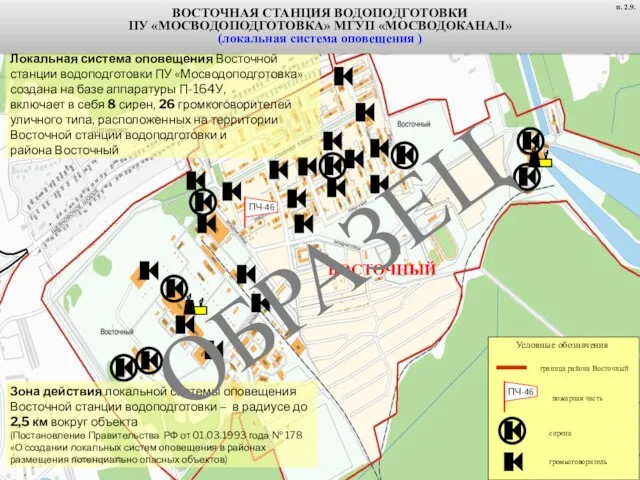 Условные обозначения пожарная часть ВОСТОЧНЫЙ громкоговоритель сирена Локальная система оповещения Восточной станции