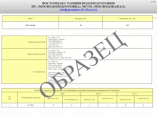 ВОСТОЧНАЯ СТАНЦИЯ ВОДОПОДГОТОВКИ ПУ «МОСВОДОПОДГОТОВКА» МГУП «МОСВОДОКАНАЛ» (информация об объекте) п. 2.1. ОБРАЗЕЦ