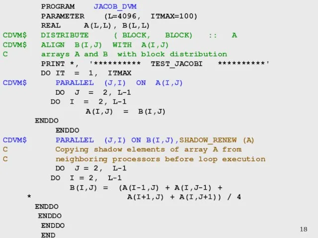 PROGRAM JACOB_DVM PARAMETER (L=4096, ITMAX=100) REAL A(L,L), B(L,L) CDVM$ DISTRIBUTE ( BLOCK,