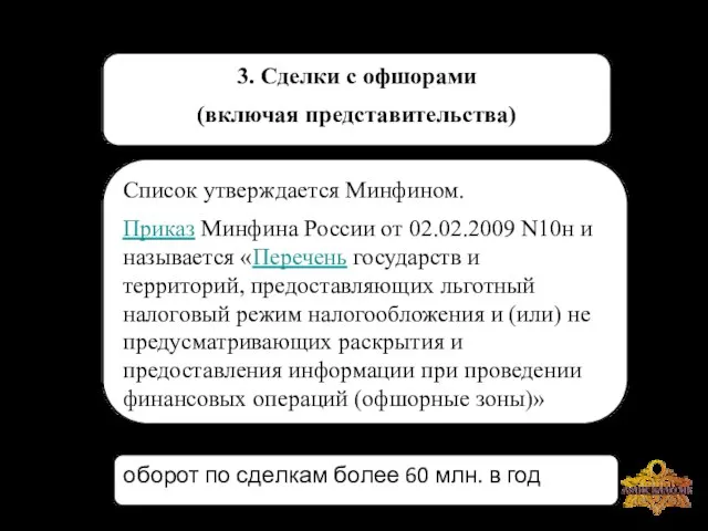 3. Сделки с офшорами (включая представительства) Список утверждается Минфином. Приказ Минфина России