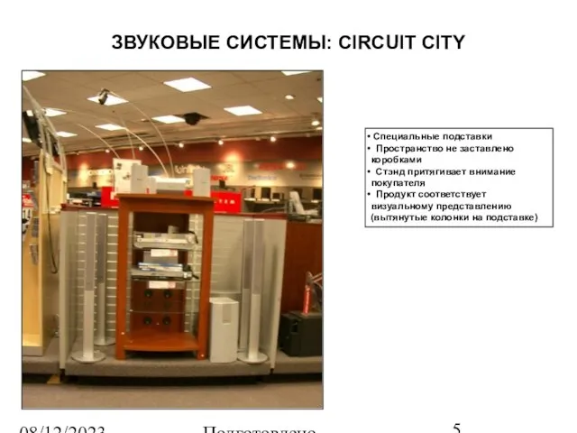 08/12/2023 Подготовлено Татьяной Зябкиной ЗВУКОВЫЕ СИСТЕМЫ: CIRCUIT CITY Специальные подставки Пространство не