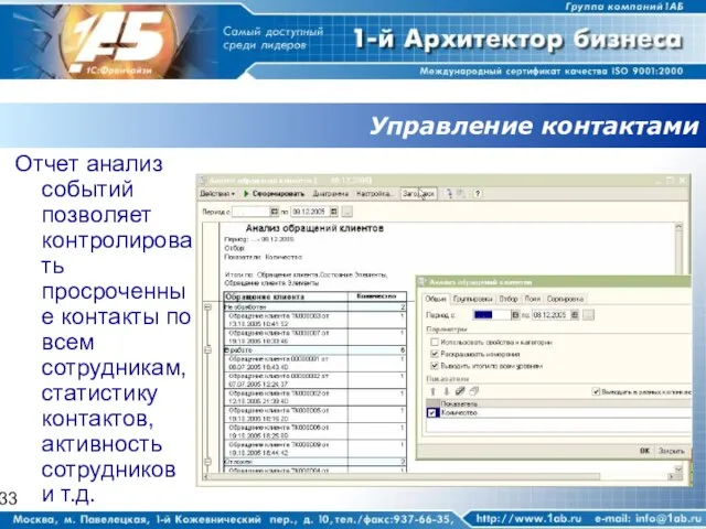 Управление контактами Отчет анализ событий позволяет контролировать просроченные контакты по всем сотрудникам,