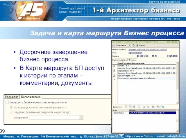 Задача и карта маршрута Бизнес процесса Досрочное завершение бизнес процесса В Карте