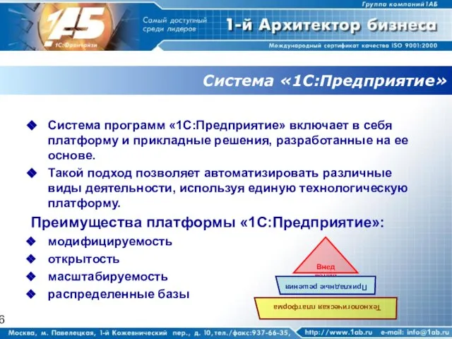 Система «1С:Предприятие» Система программ «1С:Предприятие» включает в себя платформу и прикладные решения,