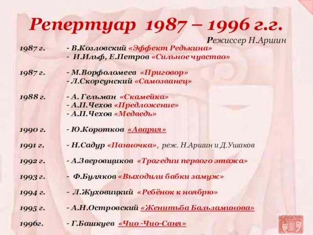 Репертуар 1987 – 1996 г.г. 1987 г. - В.Козловский «Эффект Редькина» -