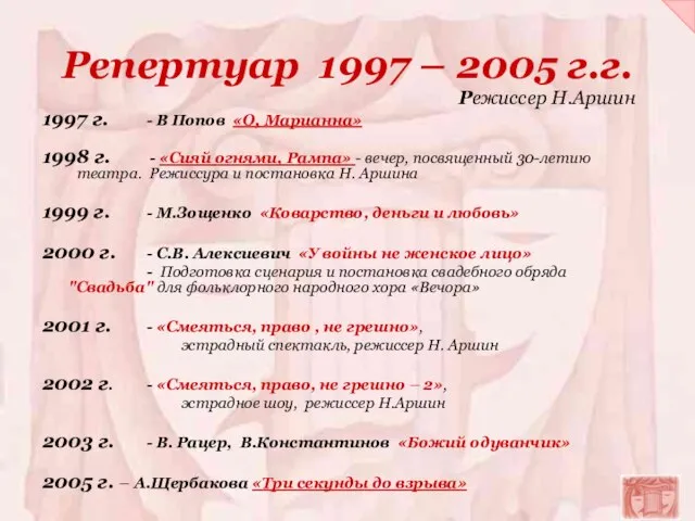 Репертуар 1997 – 2005 г.г. 1997 г. - В Попов «О, Марианна»