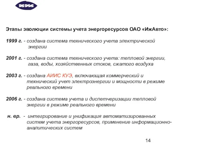 Этапы эволюции системы учета энергоресурсов ОАО «ИжАвто»: 1999 г. - создана система