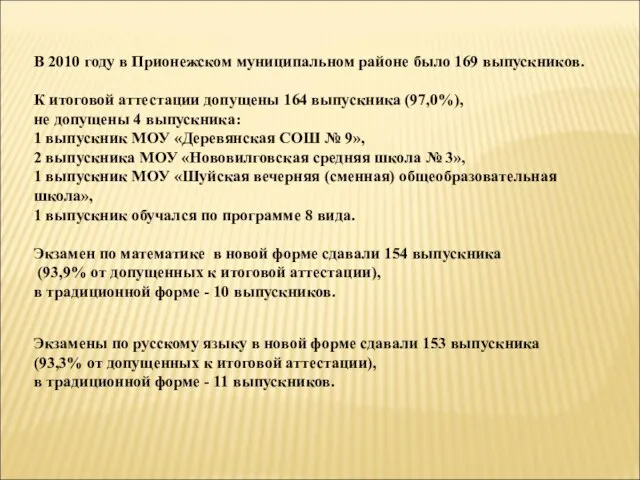 В 2010 году в Прионежском муниципальном районе было 169 выпускников. К итоговой