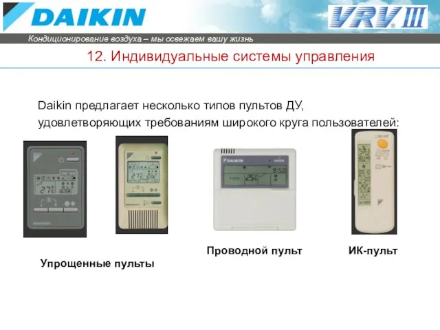 12. Индивидуальные системы управления Daikin предлагает несколько типов пультов ДУ, удовлетворяющих требованиям