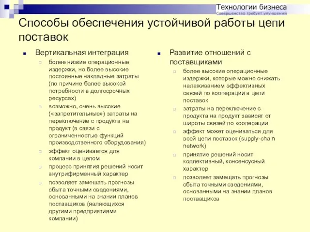 Способы обеспечения устойчивой работы цепи поставок Вертикальная интеграция более низкие операционные издержки,