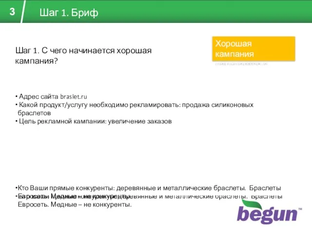 Шаг 1. Бриф Бриф на создание РК «braslet.ru» ФИО Иванов И.И. Название