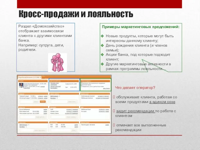 Кросс-продажи и лояльность Что делает оператор? обслуживает клиента, работая со всеми продуктами