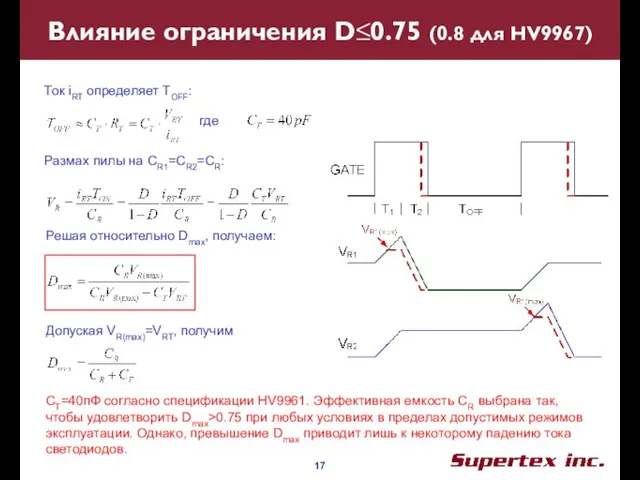 Влияние ограничения D≤0.75 (0.8 для HV9967) Ток iRT определяет TOFF: Размах пилы