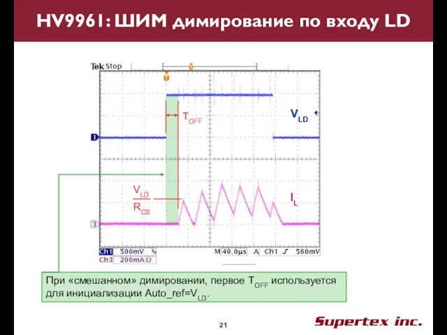 HV9961: ШИМ димирование по входу LD При «смешанном» димировании, первое TOFF используется