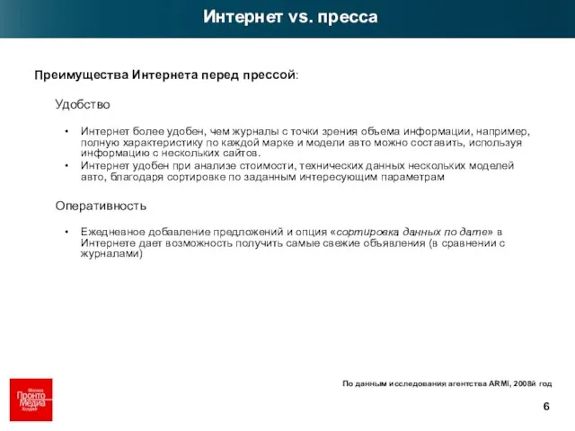 Интернет vs. пресса По данным исследования агентства ARMI, 2008й год Преимущества Интернета