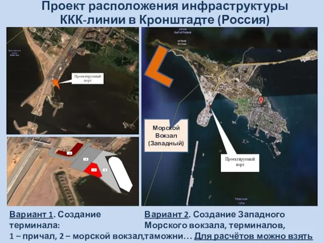 Проект расположения инфраструктуры ККК-линии в Кронштадте (Россия) Вариант 1. Создание терминала: 1