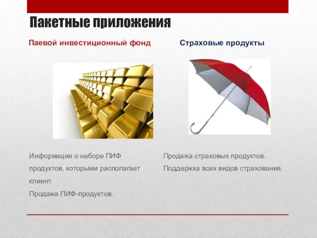 Пакетные приложения Страховые продукты Паевой инвестиционный фонд Информация о наборе ПИФ продуктов,