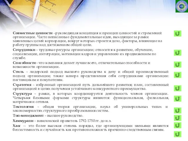 Совместные ценности –руководящая концепция и принцип ценностей и стремлений организации. Часто неписанные